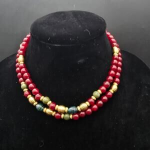 1928 Brand Red Green Gold Tone Beaded Necklace 30 Inch Long